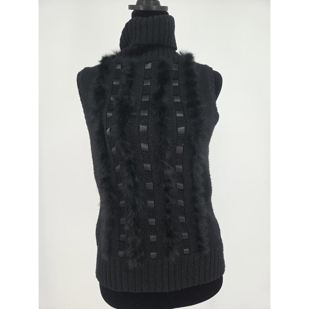 BCBG Maxazria Women's Wool Sleeveless Turtleneck Medium Black Sweater Rabbit Fur